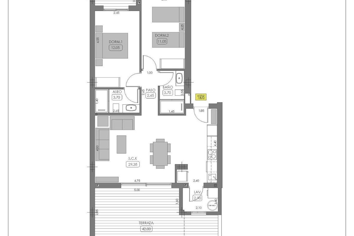 Plattegrond van een 2-slaapkamer appartement in Algorfa, met een overzicht van de indeling en afmetingen.