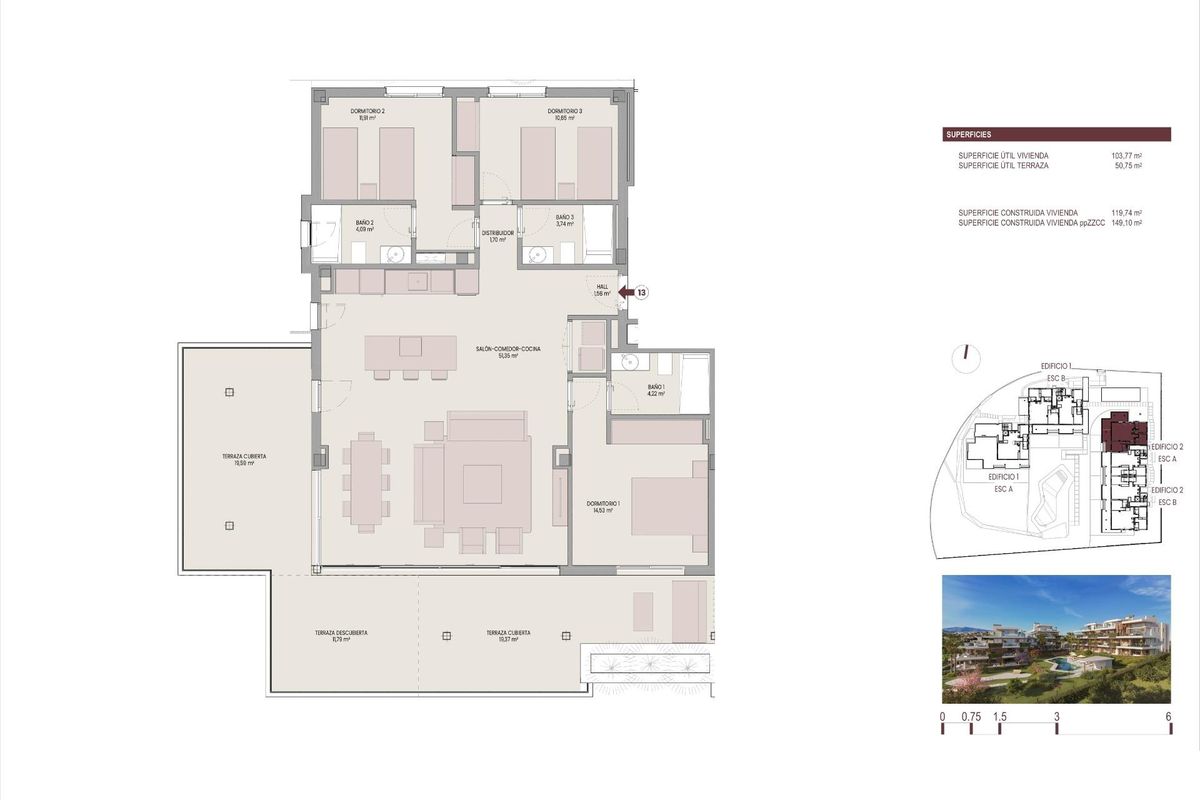 Plattegrond van het 3-slaapkamer appartement in Estepona, met een overzicht van de indeling en ruime gebieden.