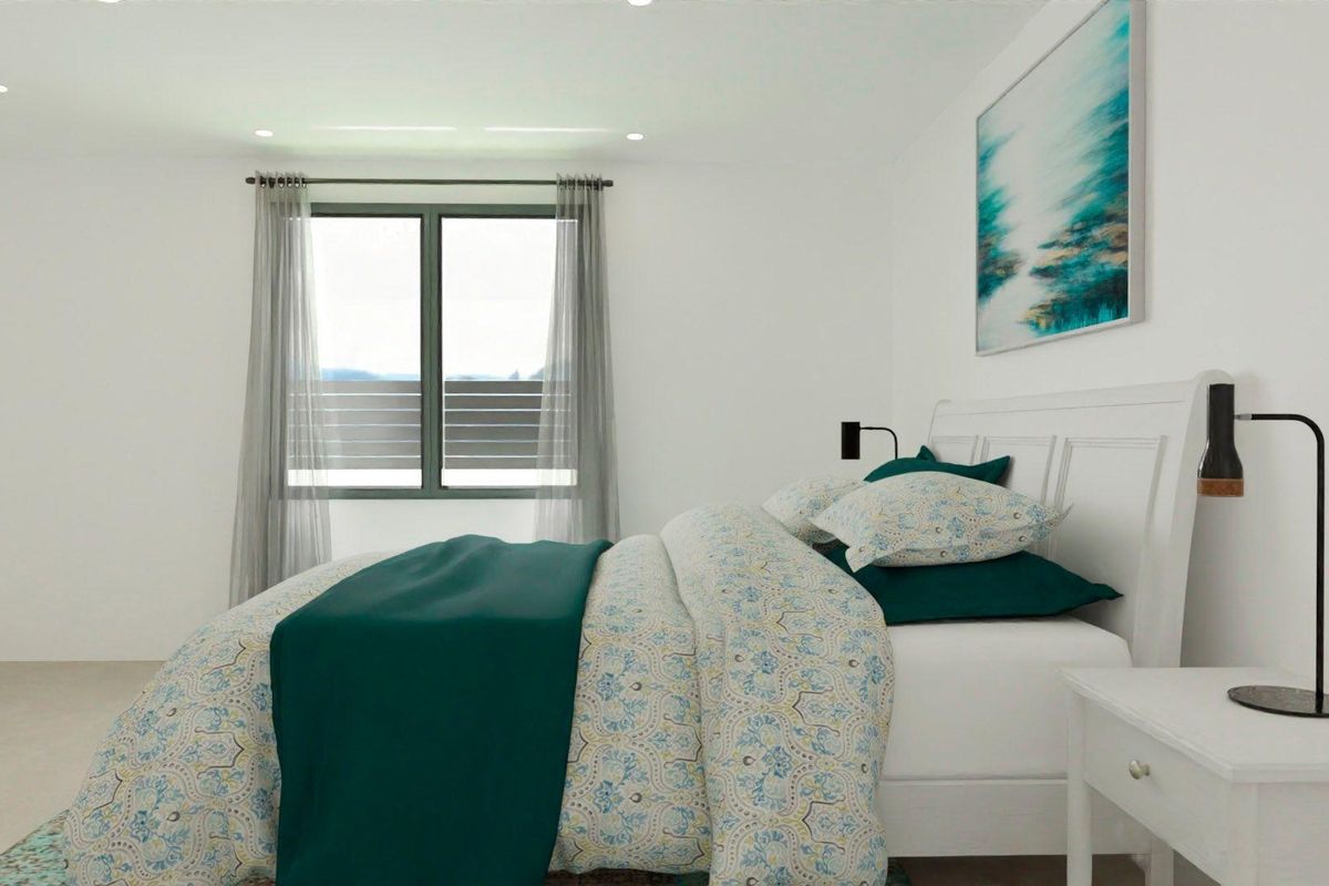 Contemporary bedroom with serene decor in a 3-bed villa, located in Monforte del Cid, Costa Blanca.