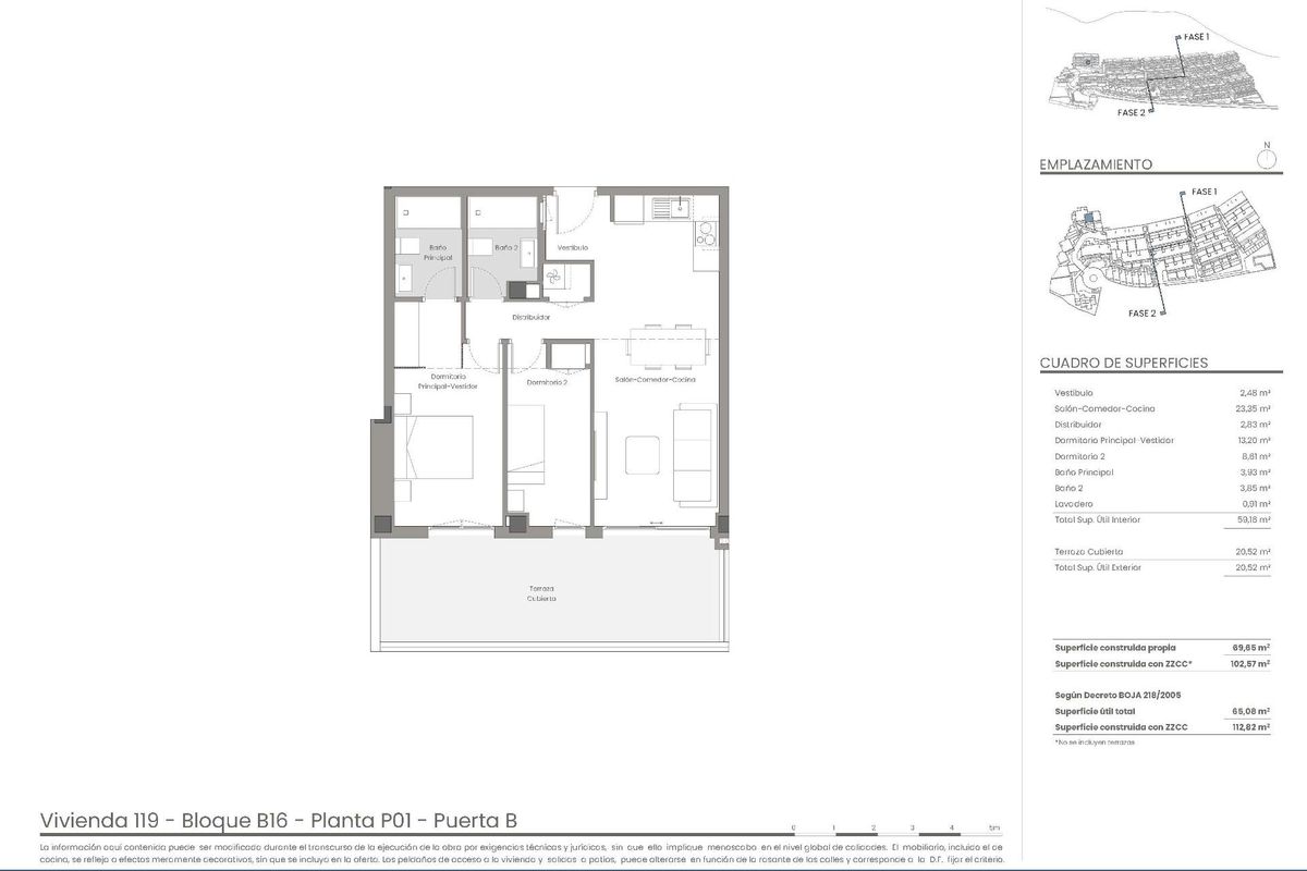Gedetailleerde plattegrond van de 2-slaapkamer appartement indeling in Mojacar, Costa de Almeria.