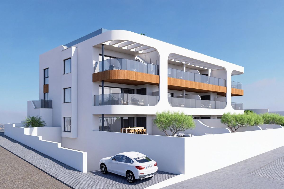 Stijlvolle buitenaanzicht van een modern 3-slaapkamer appartement in Benijofar, Costa Blanca Zuid, Spanje.