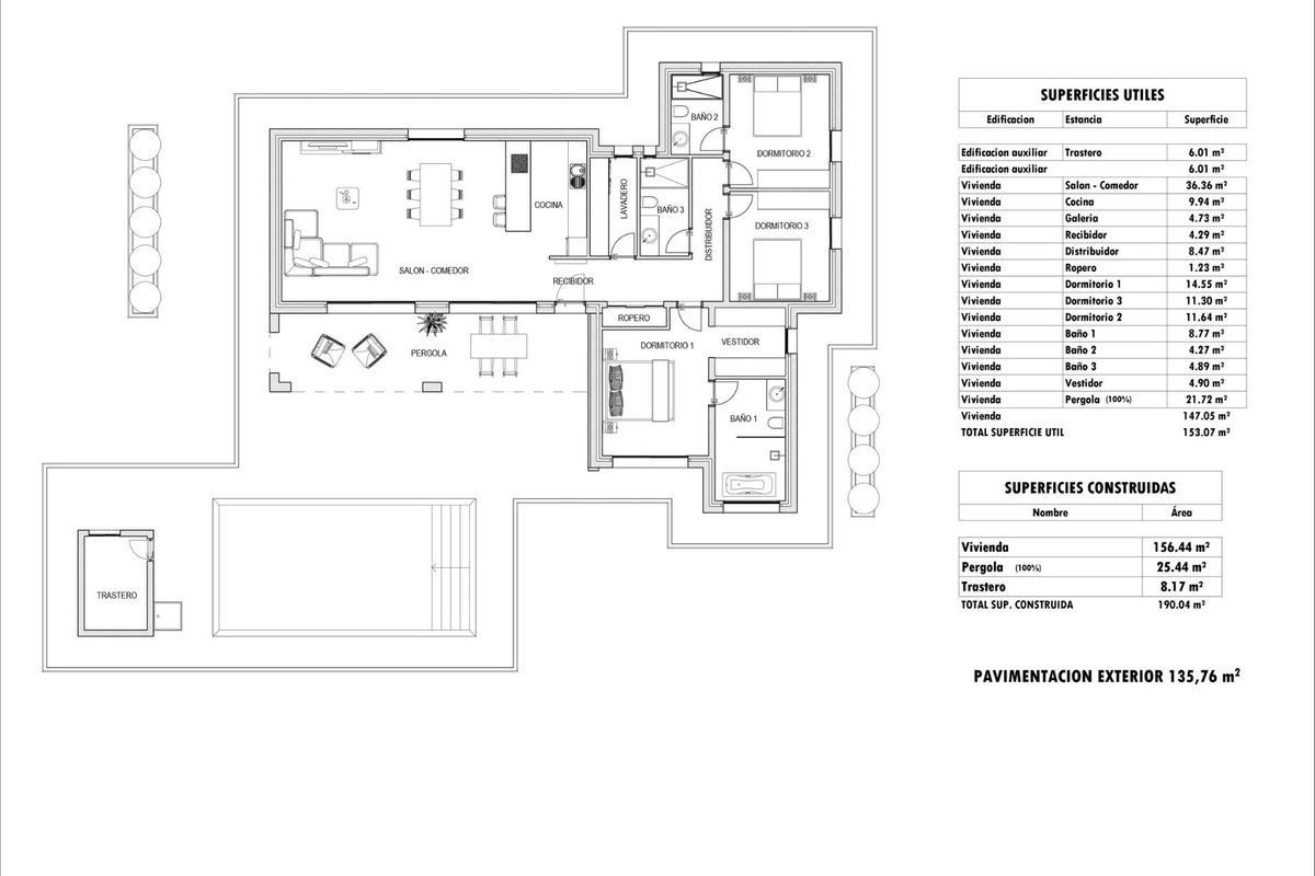 Gedetailleerde indeling voor een 3-slaapkamer villa in Aspe, met aandacht voor meubels en ruimtegebruik.