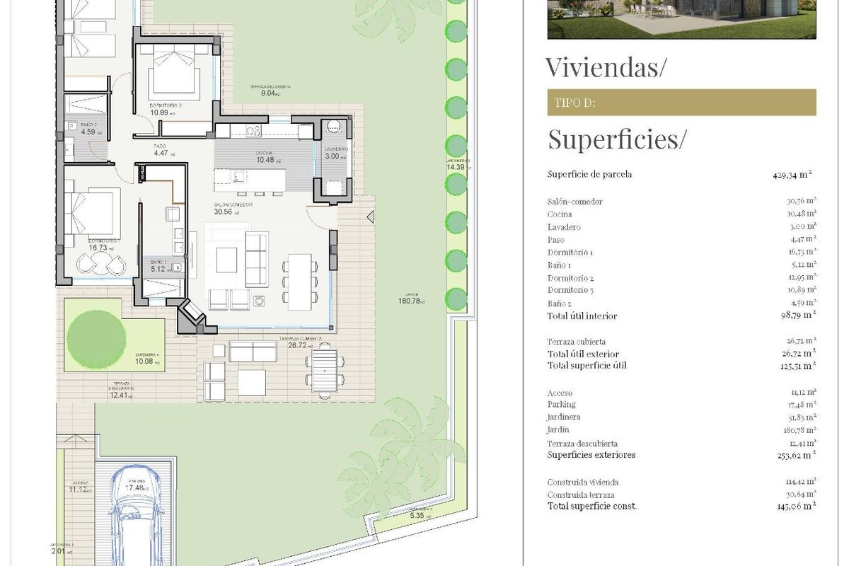Plattegrond van een 3-slaapkamer villa in Polop, Costa Blanca Noord, met woon- en buitenruimtes.