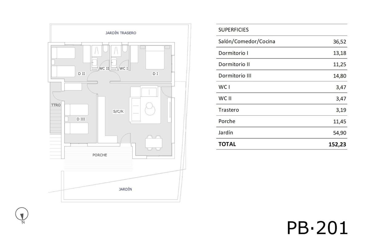 Plattegrond van een 3-slaapkamer appartement op de begane grond in San Miguel de Salinas, met woonruimtes en badkamers.