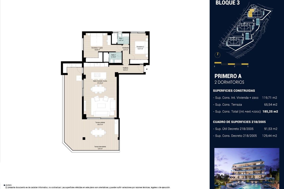 Plattegrond van een 2-slaapkamer appartement in Fuengirola, met details over de indeling van de leefruimtes.