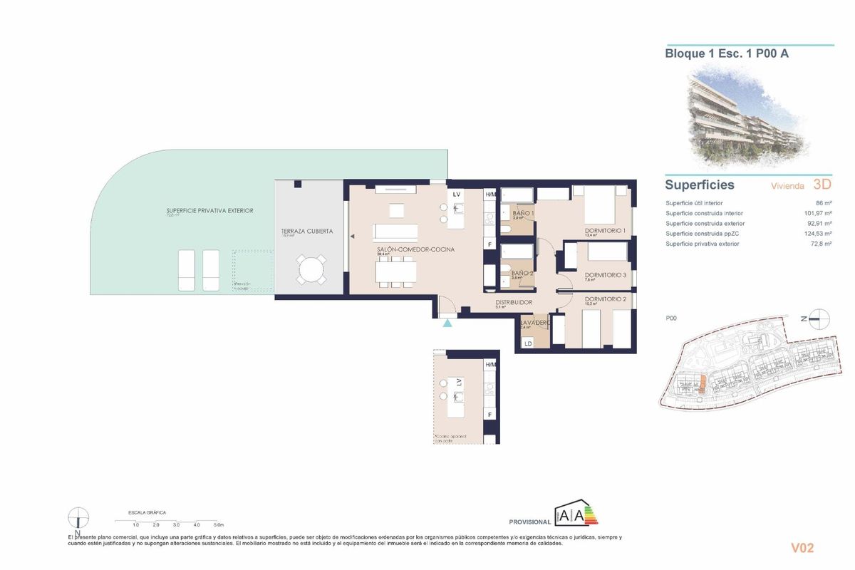 Plattegrond van een indeling van een 3-slaapkamer appartement in het complex in Denia, Costa Blanca Noord.