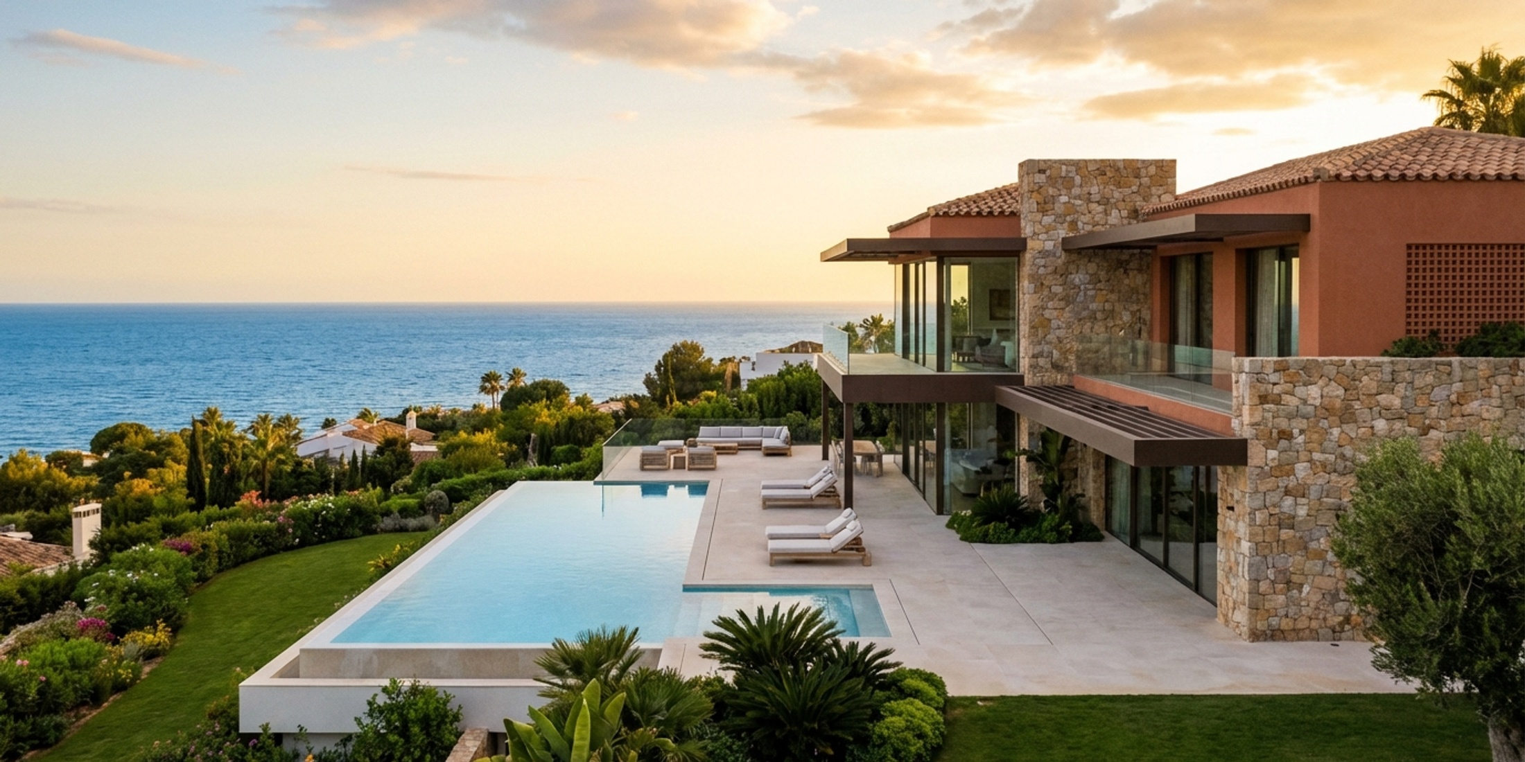 Eine moderne Luxusvilla mit Blick auf das Mittelmeer in Marbella bei Sonnenuntergang