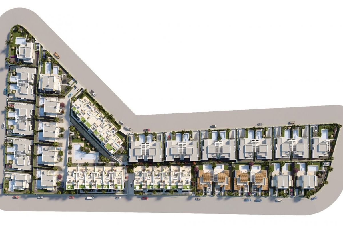 Vogelperspectief van de complexindeling met townhouses, ontworpen in een moderne stijl in Algorfa, Spanje.