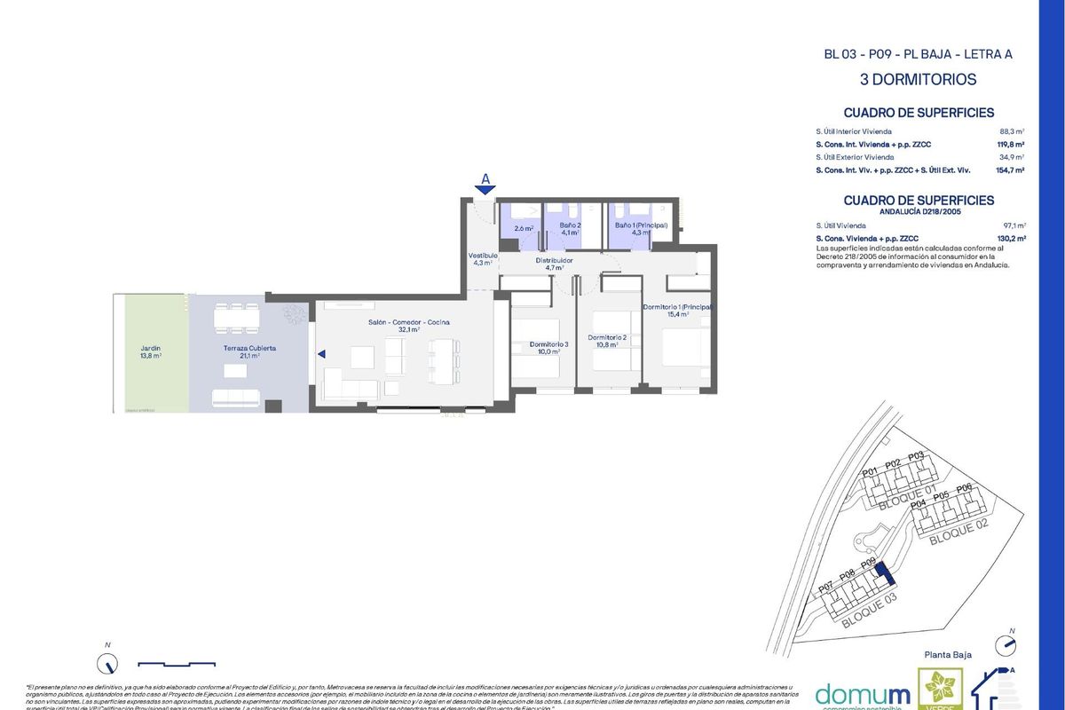 Plattegrond van een appartement met 3 slaapkamers op de begane grond, illustrerend indeling en afmetingen in Casares.