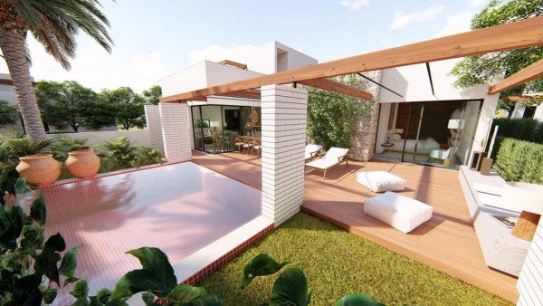 Moderne villa terras met zwembad in Torre Pacheco, Costa Calida. Groene tuin en stijlvolle buitenzitplaatsen.