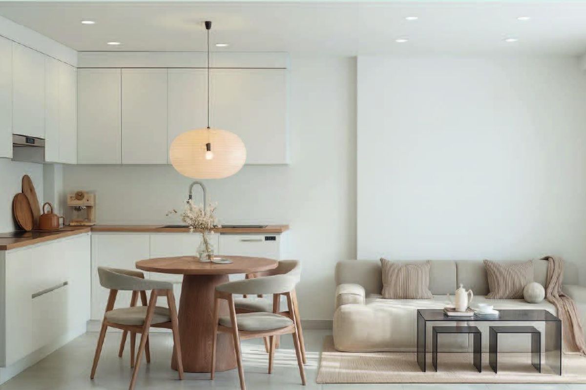 Compacte keuken en eetruimte met modern decor in een appartement met één slaapkamer, Torrevieja.