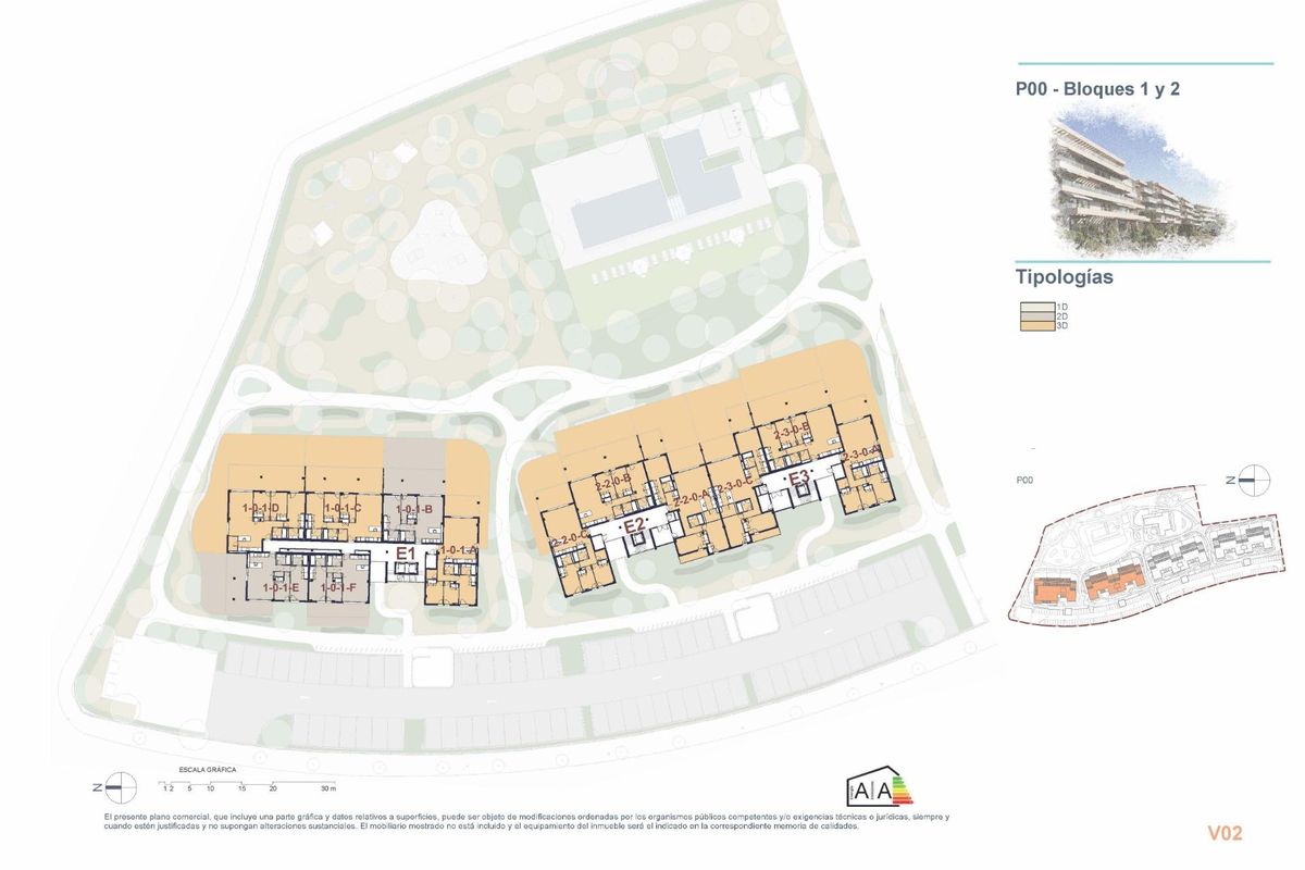 Gedetailleerde indeling van appartementsgebouwen en voorzieningen in het gebied van Denia, Costa Blanca North.