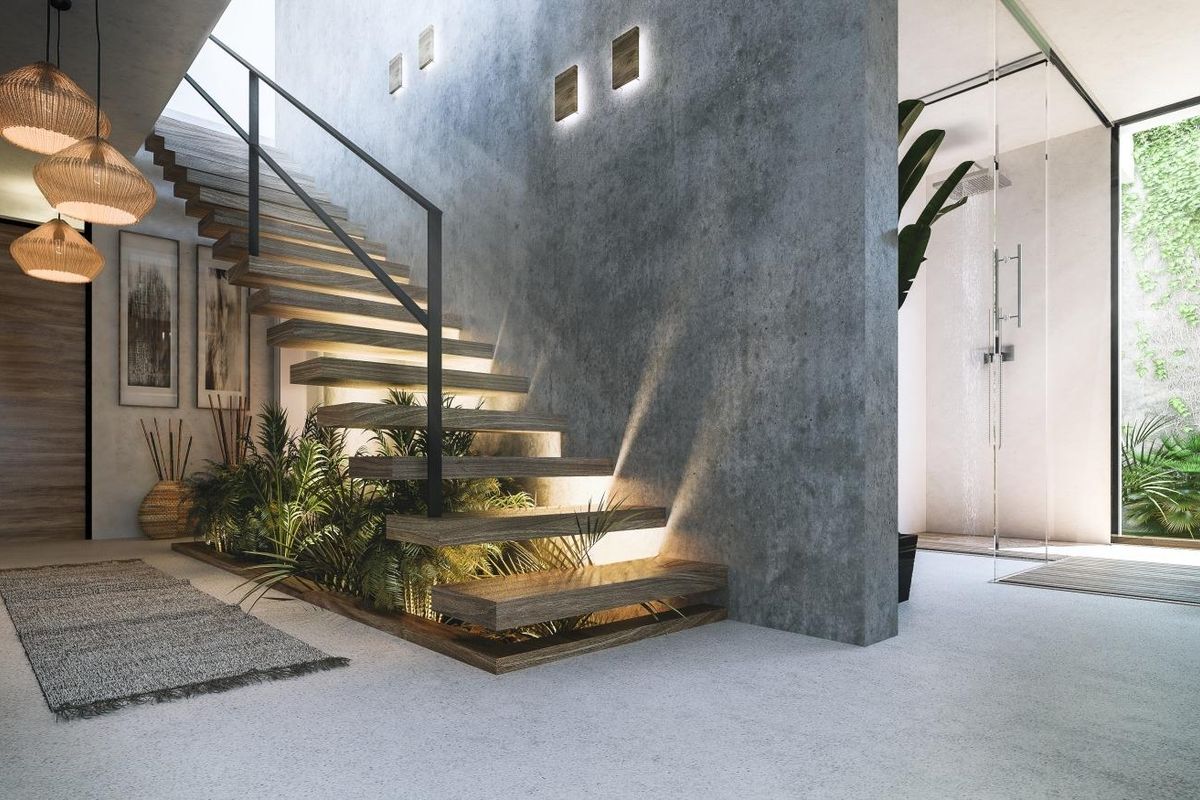 Stijlvolle trap naar bovenverdiepingen in een moderne 4-slaapkamer villa in Estepona, Costa del Sol.