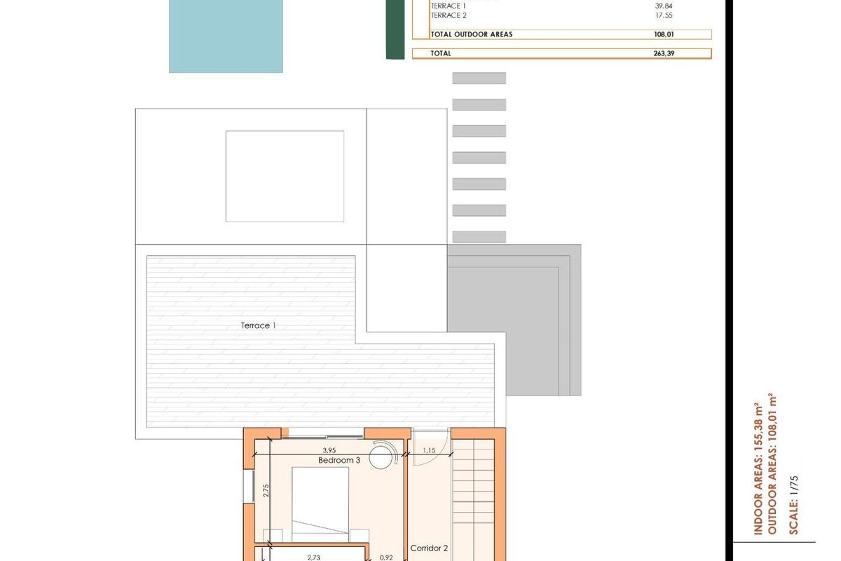 Detailed floor plan of the townhouse layout with outdoor terrace and pool area in Baños y Mendigo.