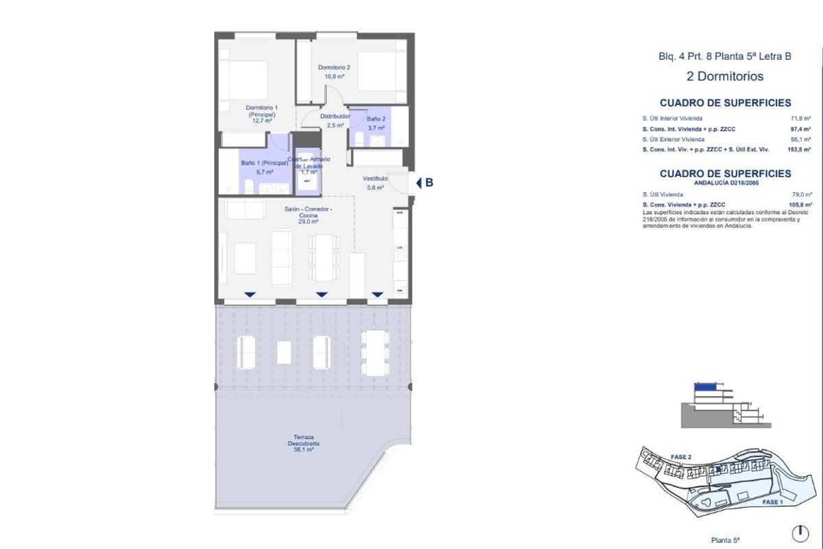 Gedetailleerde plattegrond van een 2-slaapkamer woning in San Roque, met indelingen van woon- en slaapruimtes.