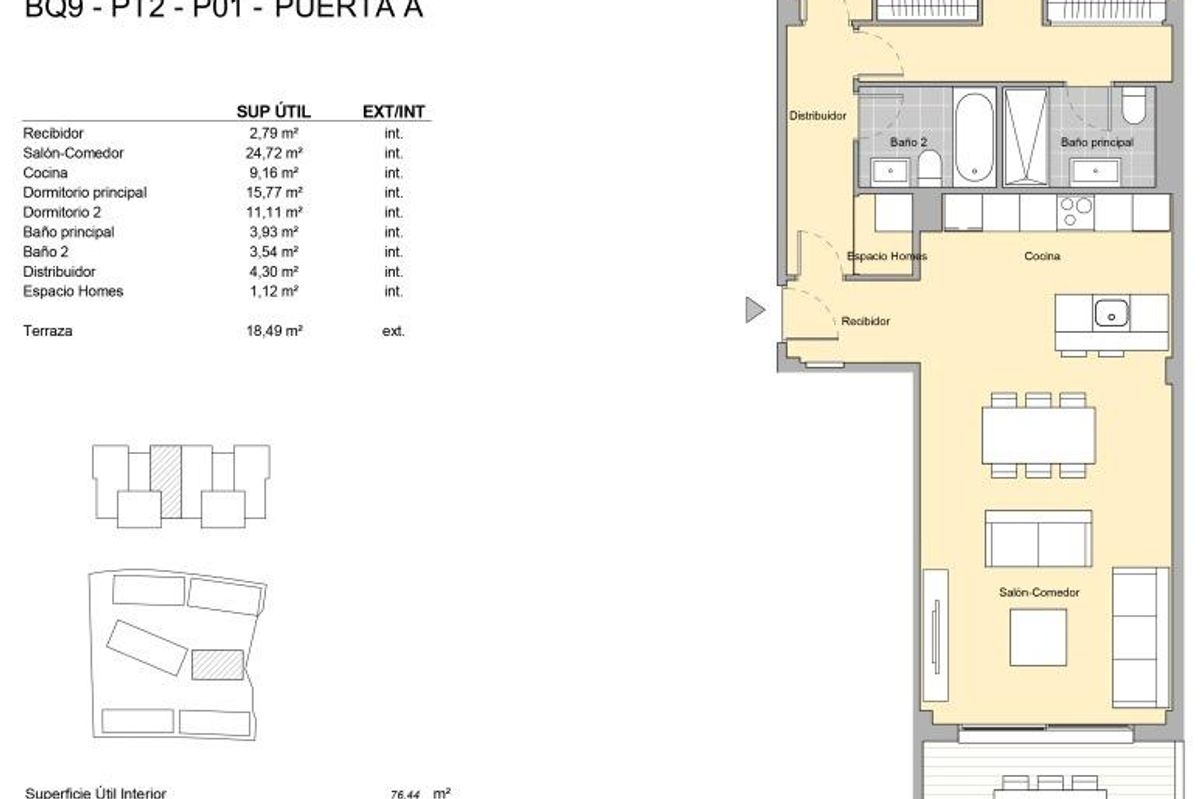 Gedetailleerde plattegrond van een 2-slaapkamer appartement in Estepona, met kamerafmetingen en indeling.