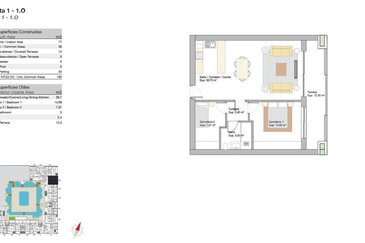 Plattegrond van een 2-slaapkamer appartement in San Pedro De Alcantara, met lay-out en afmetingen.