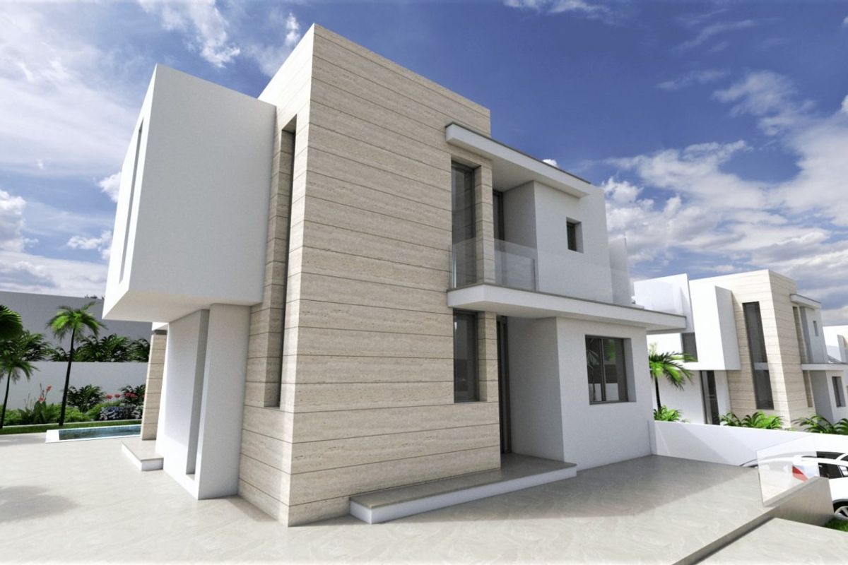 Zijaanzicht van de stijlvolle 3-slaapkamer villa in Torrevieja, met strakke lijnen en een modern uiterlijk.