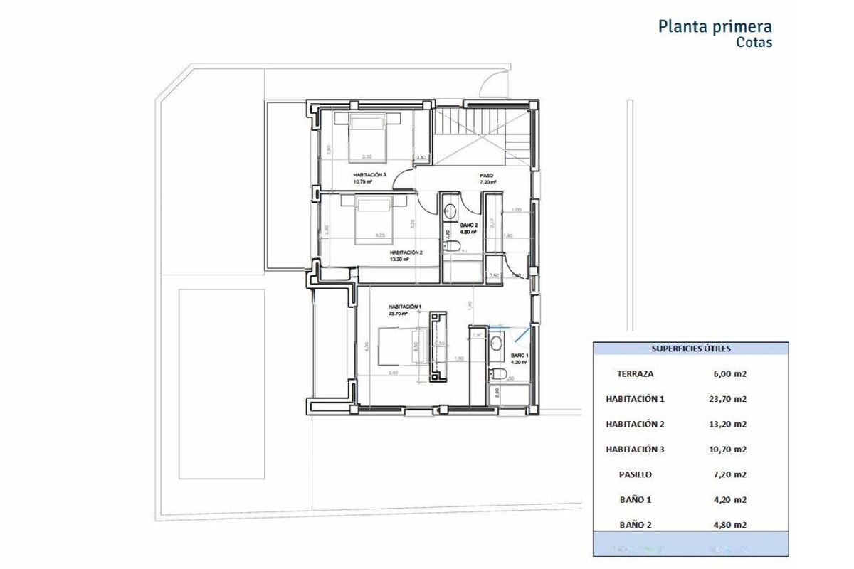 Plattegrond van de eerste verdieping van een 3-slaapkamer villa in San Juan, Alicante, met slaapkamers en terras.