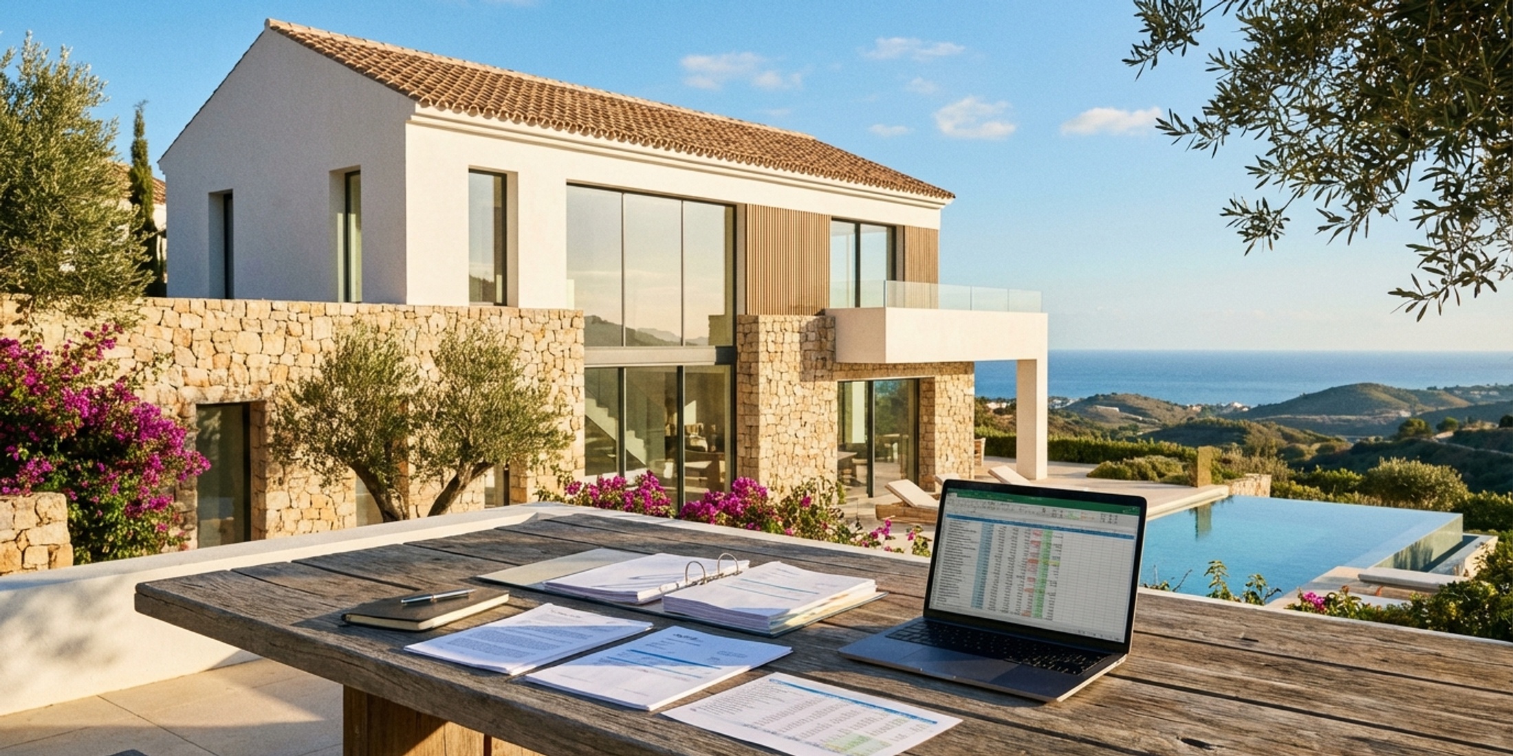 Moderne luxe villa aan de Costa del Sol met financiële documenten op tafel