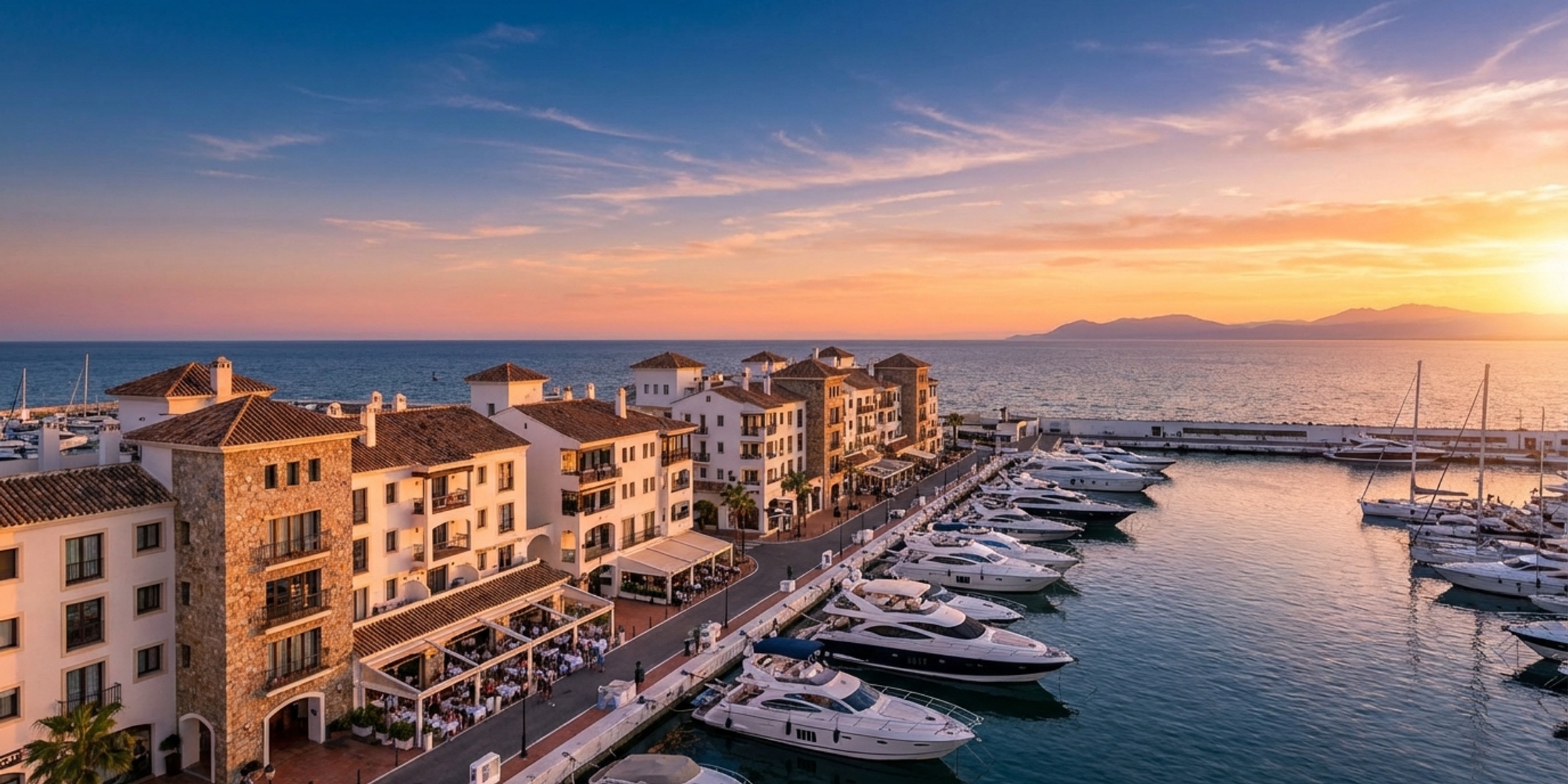 Panoramisch uitzicht op de haven van Estepona en de Middellandse Zee bij zonsondergang