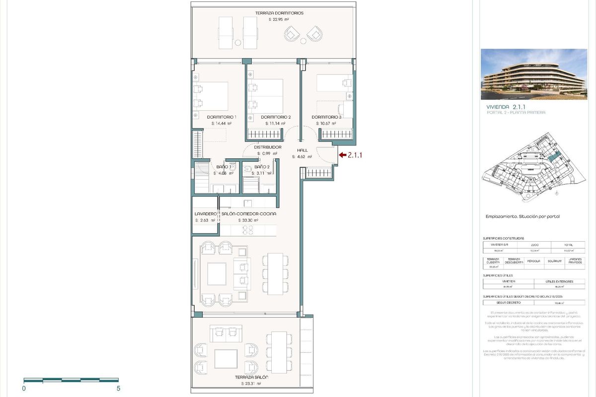 Gedetailleerde plattegrond van een 3-slaapkamer appartement in Estepona, met indeling en afmetingen.