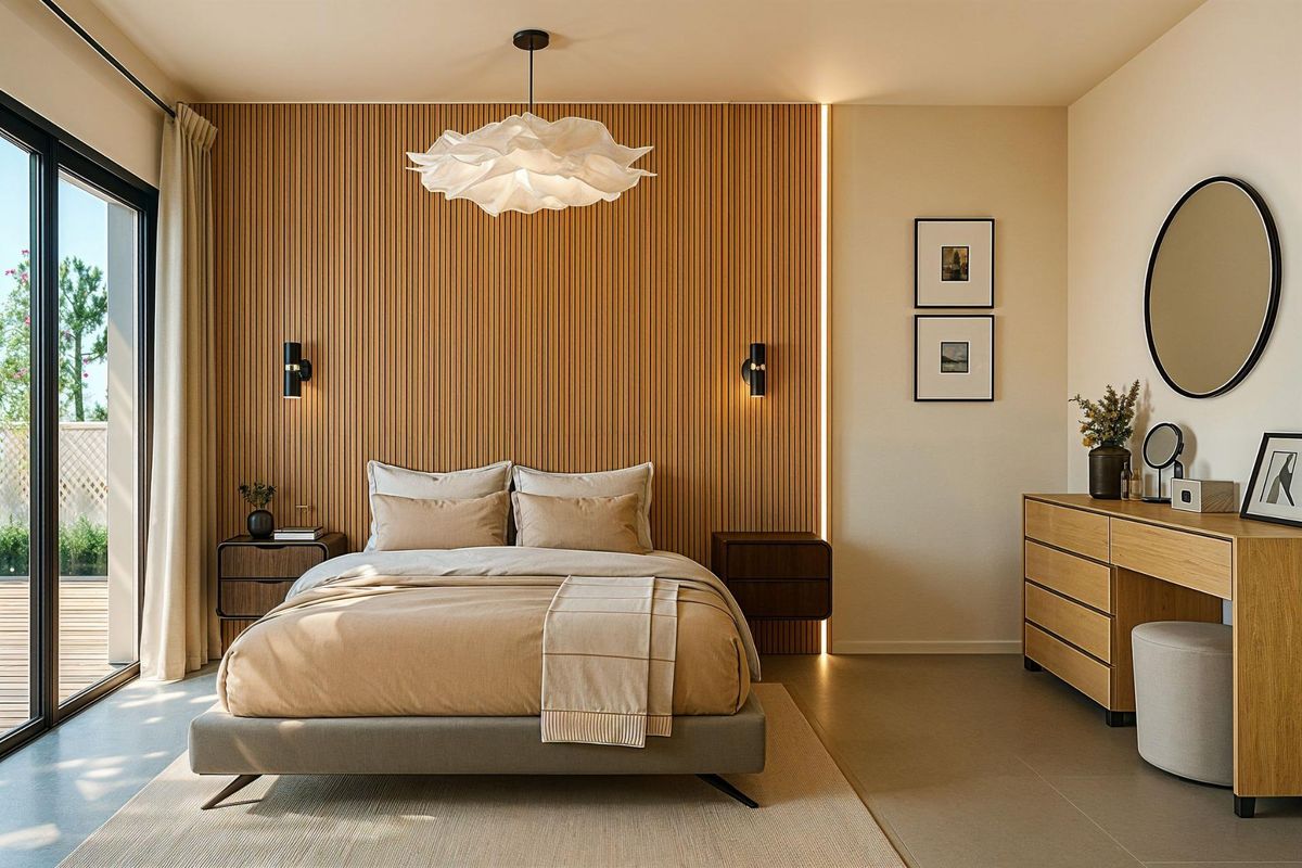 Elegante slaapkamer in een villa in Torre Pacheco, met een warme houten uitstraling en natuurlijk licht.