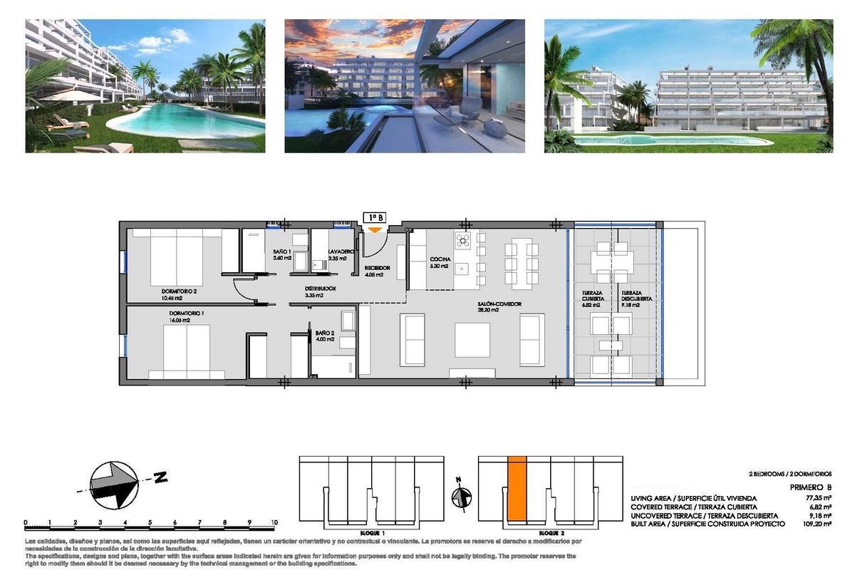 Plattegrond van een modern 2-slaapkamer appartement met indelingsdetails, gelegen in Cartagena.