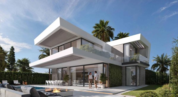 Modern 4-slaapkamer villa exterieur in Mijas met strakke lijnen en groen met een zwembad.