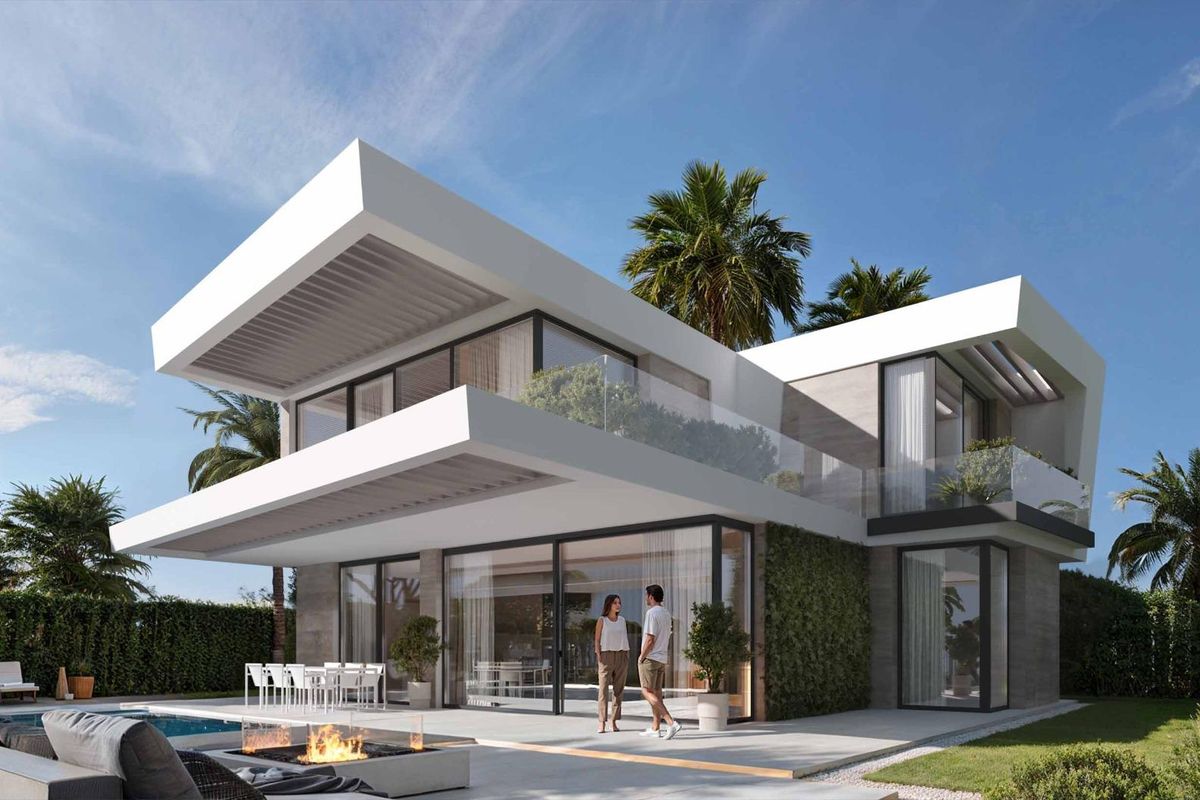 Modern 4-slaapkamer villa exterieur in Mijas met strakke lijnen en groen met een zwembad.