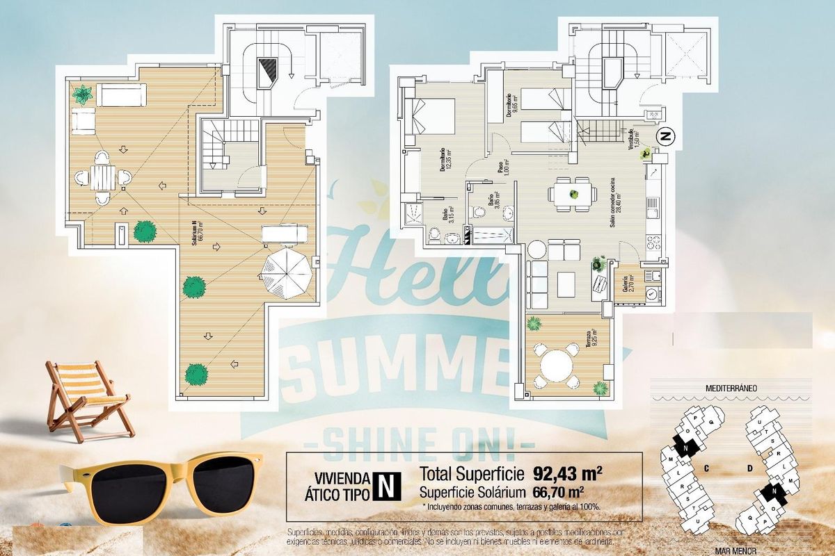 Plattegrond van de indeling van een 2-kamer penthouse, met living en buitenshuis, La Manga del Mar Menor.