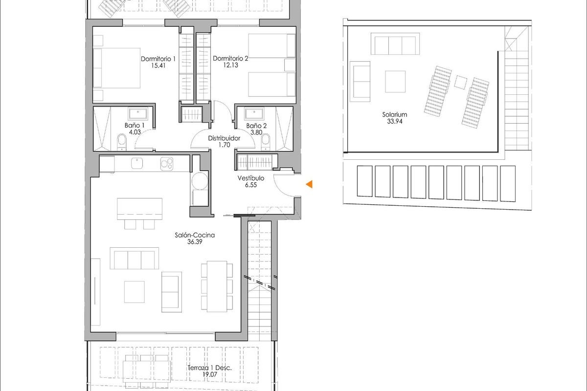 Plattegrond van een 2-slaapkamer penthouse in Estepona, met woonruimte, terras en indeling.