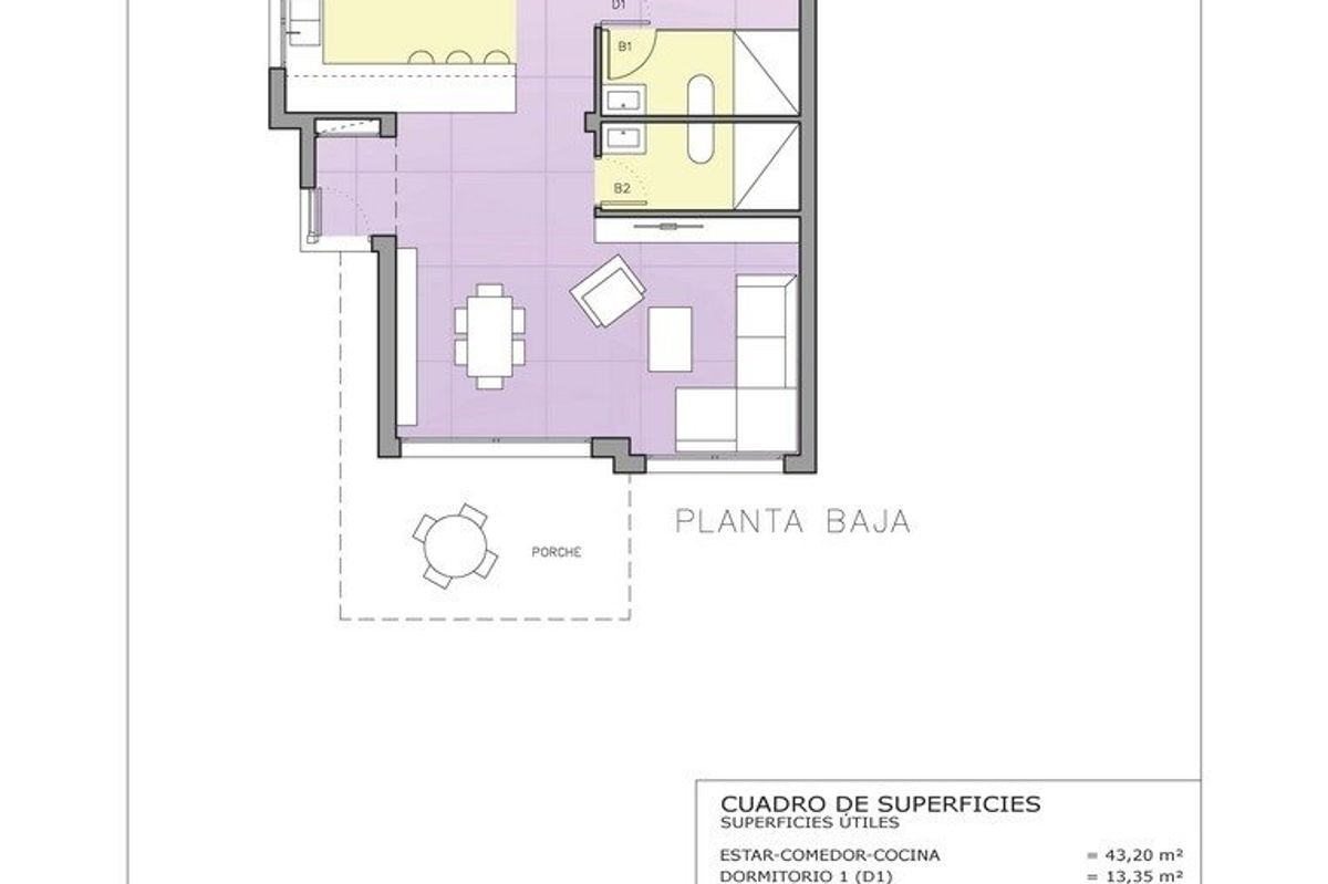 Gedetailleerde plattegrond van een 2-slaapkamer villa die de indeling benadrukt in Cartagena, Costa Calida.