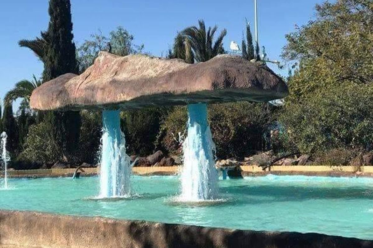 Speelse waterpartij die lijkt op een paddenstoel in een lokaal park in Torrevieja, uitnodigend voor gezinnen.