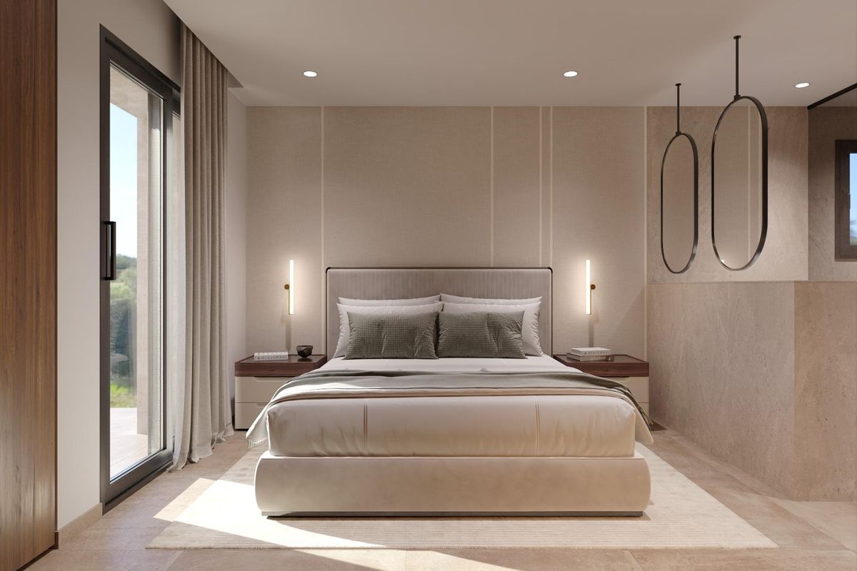 Stijlvolle master bedroom in de villa met 3 slaapkamers, met eigentijdse inrichting en natuurlijk licht in Cuevas Del Almanzora.