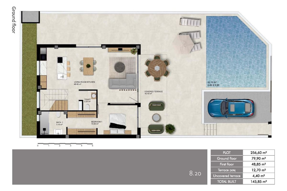 Begane grond plattegrond van een 3-slaapkamer townhouse met woonruimtes en terras in Dolores, Costa Blanca Zuid.
