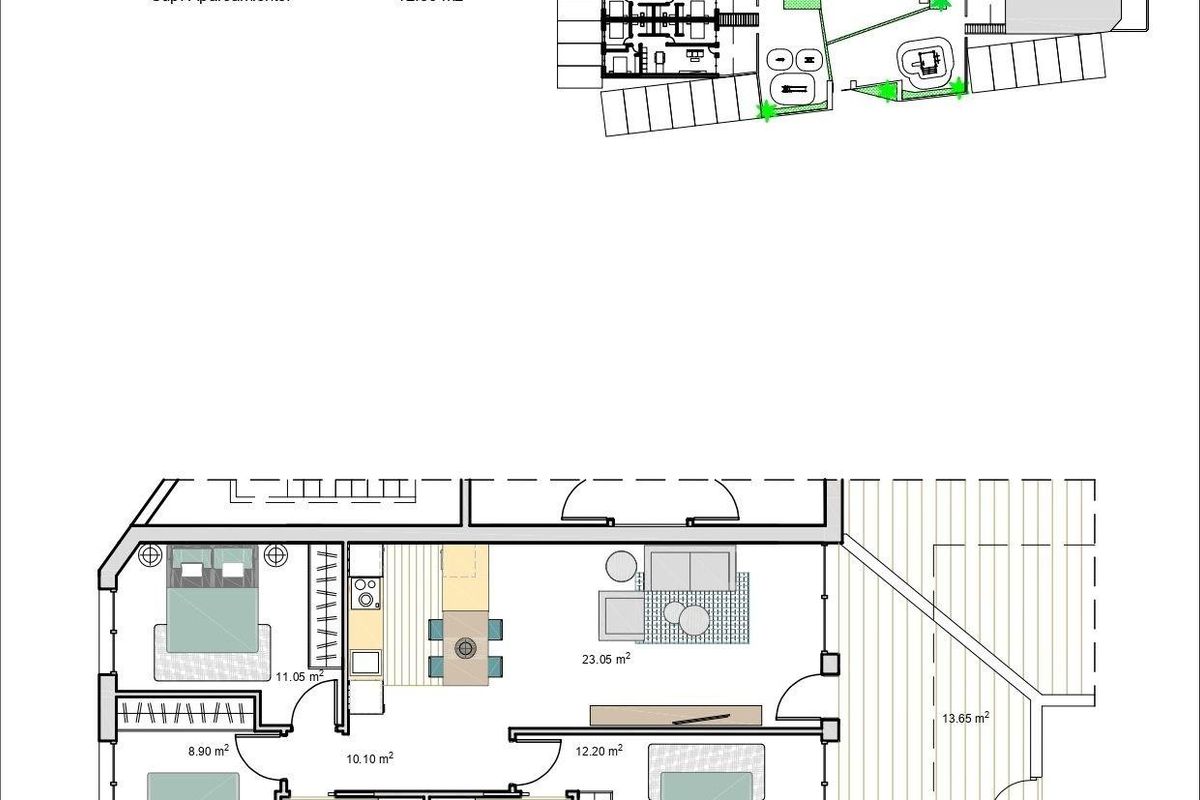 Plattegrond van een appartement met 3 slaapkamers, met details van kamers en tuin in Torre Pacheco.