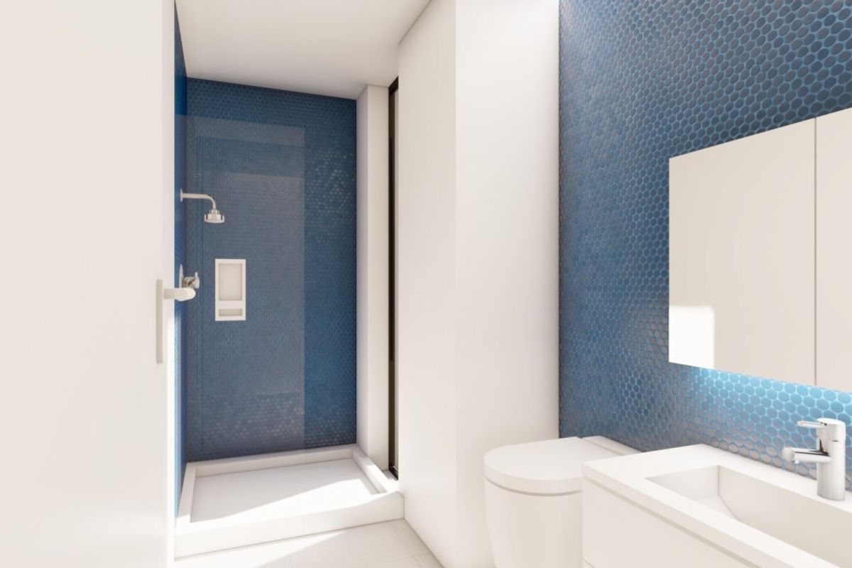 Stijlvolle badkamer met moderne armaturen en een douche in de 3-slaapkamer villa, gelegen in Los Urrutias, Costa Calida.