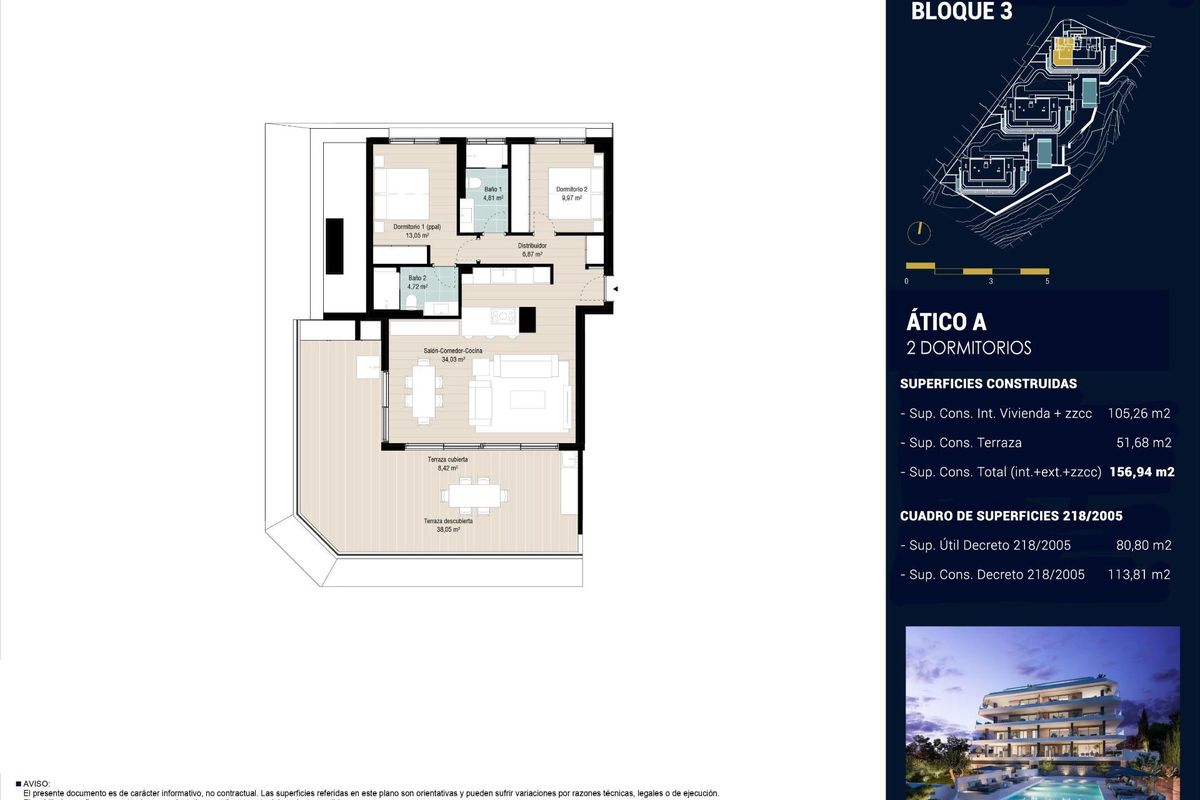 Plattegrond van een 2-slaapkamer penthouse in Fuengirola, Costa del Sol met indeling en ruimte.
