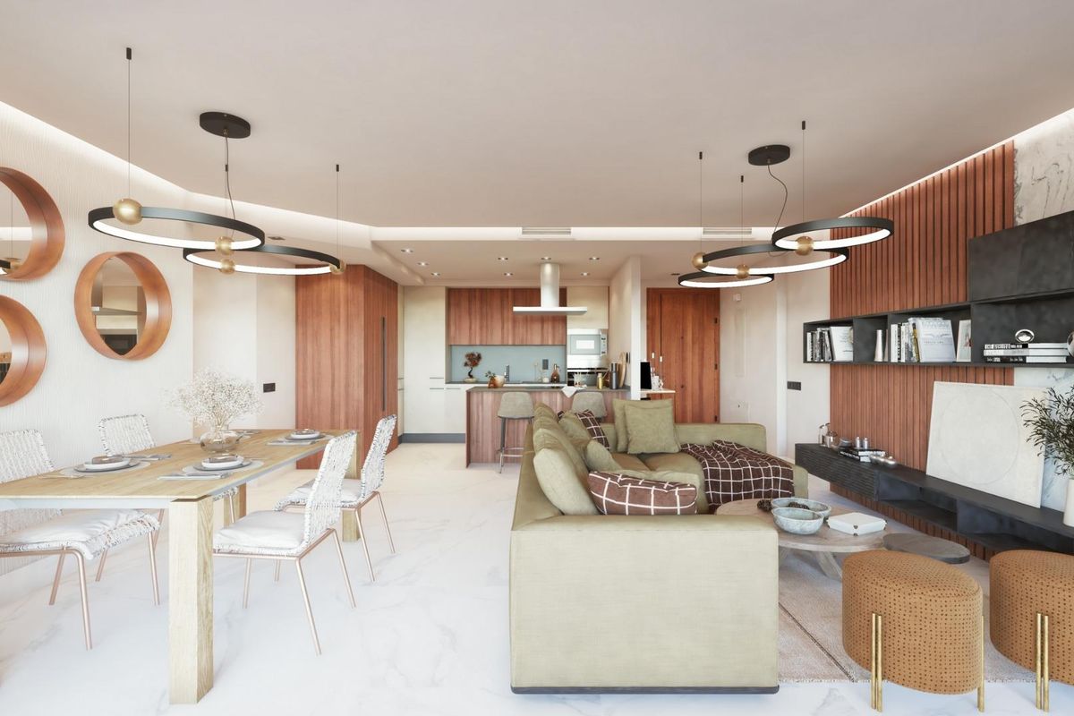 Stijlvolle eet- en woonkamer in een appartement in Marbella met moderne meubels.