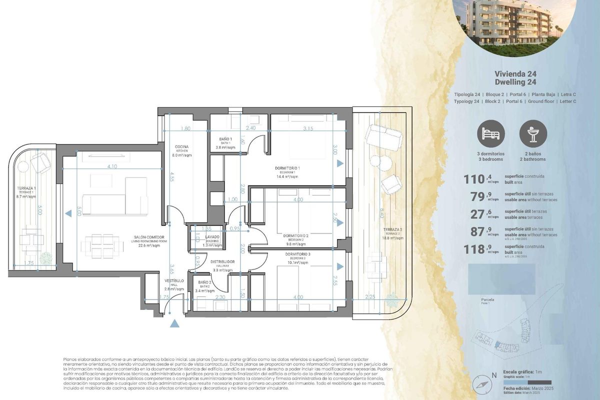 Vloerplan van een 3-slaapkamer appartement in Mijas, Costa del Sol, met indeling en afmetingen.