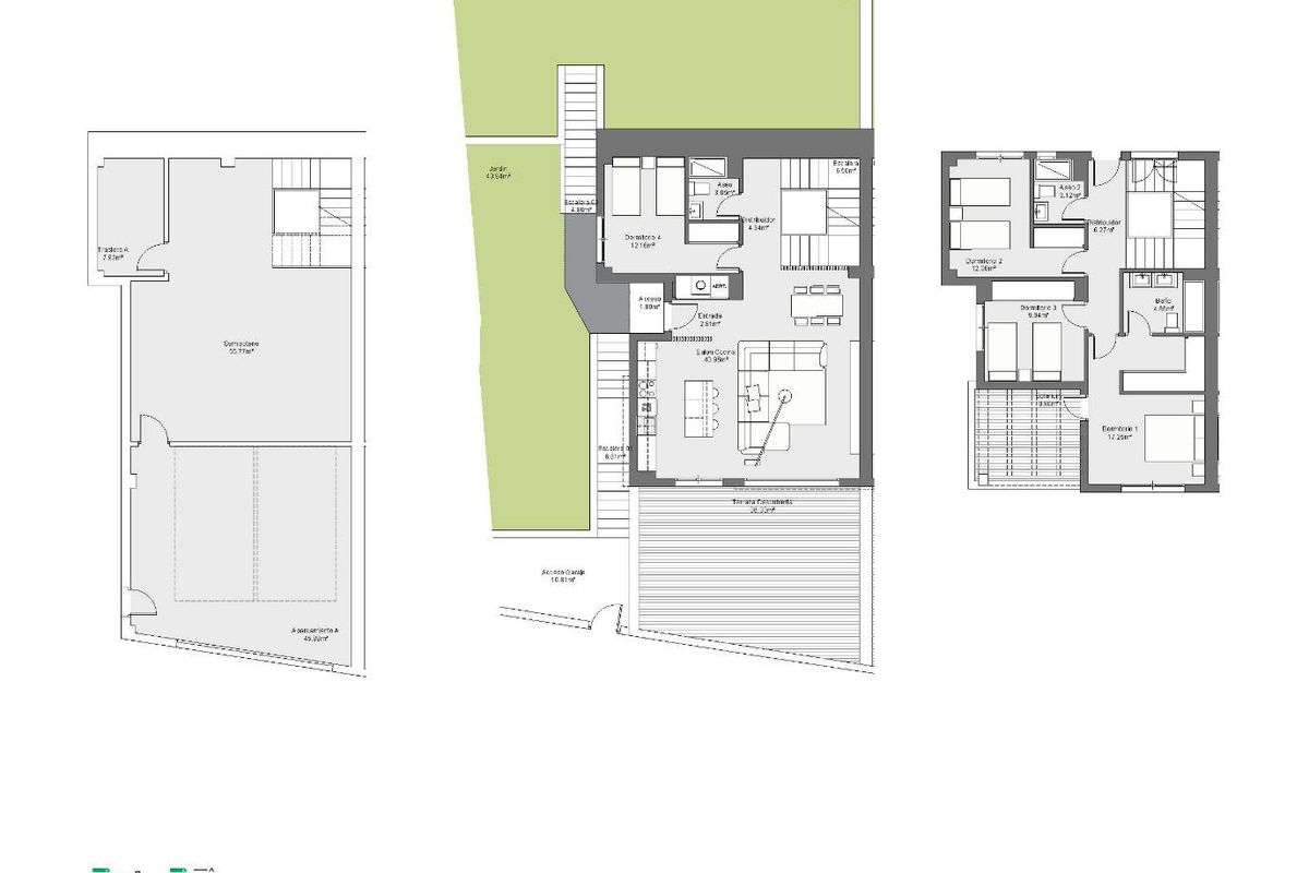 Plattegrond van een 4-slaapkamer townhouse indeling, met ruime woon- en eetruimtes in Torremolinos, Spanje.