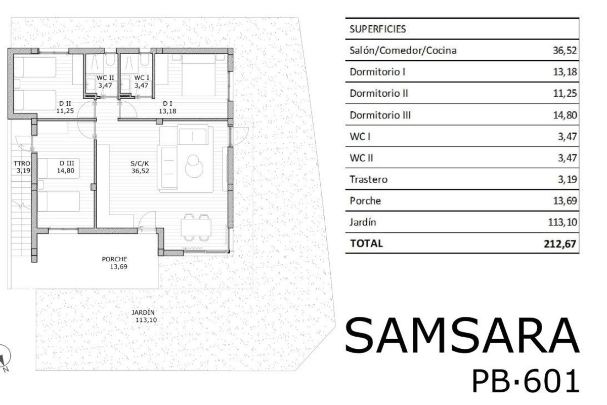 Plattegrond van een 3-slaapkamer appartement in San Miguel de Salinas, met woonruimtes en buitenruimte.