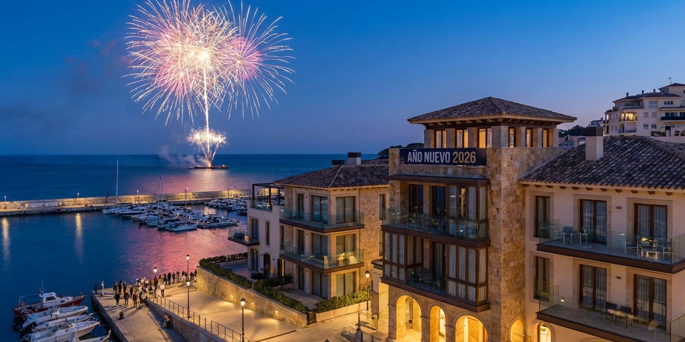 Fireworks over a Spanish coastal town celebrating New Year 2026