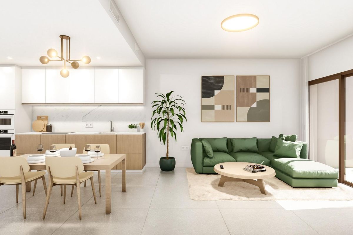 Moderne binnenkant van de keuken en woonkamer in een 3-slaapkamer gelijkvloers appartement in San Javier, Spanje.