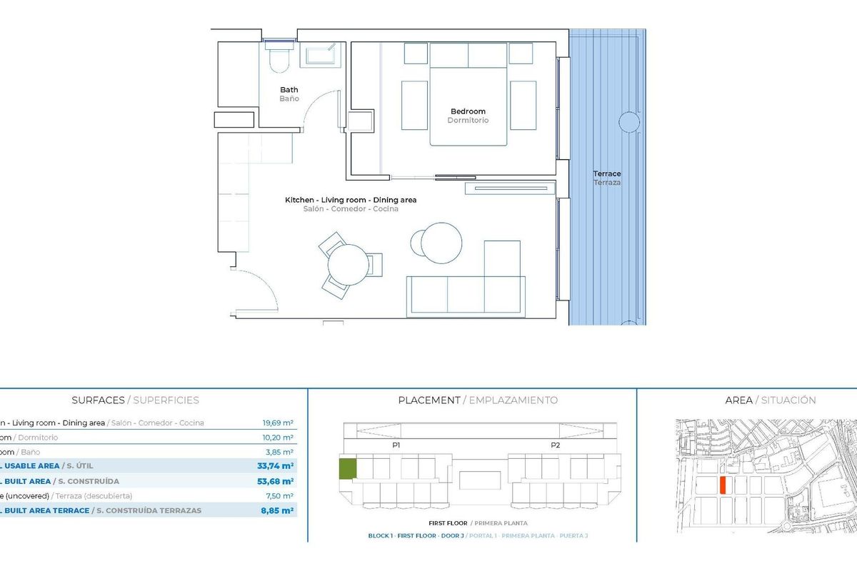 Plattegrond van een 1-slaapkamer appartement met een terras in Mijas, Costa del Sol.