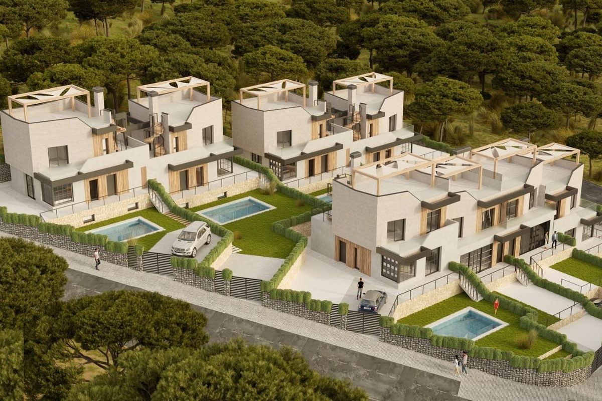 Luchtfoto van moderne 3-slaapkamer huizen in Polop, Costa Blanca, met groen en zwembaden.
