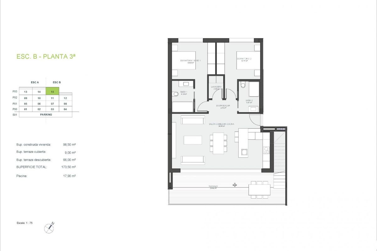 Plattegrond van een 2-slaapkamer penthouse in Orihuela, met indeling en kamergrootte voor potentiële kopers.