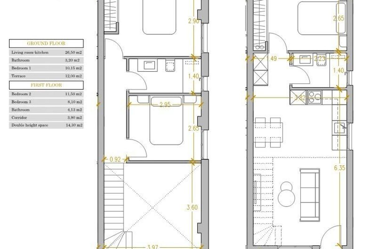 Plattegrond van een 3-slaapkamer, 2-badkamer townhouse in Orihuela Costa, met gedetailleerde ruimteafmetingen.