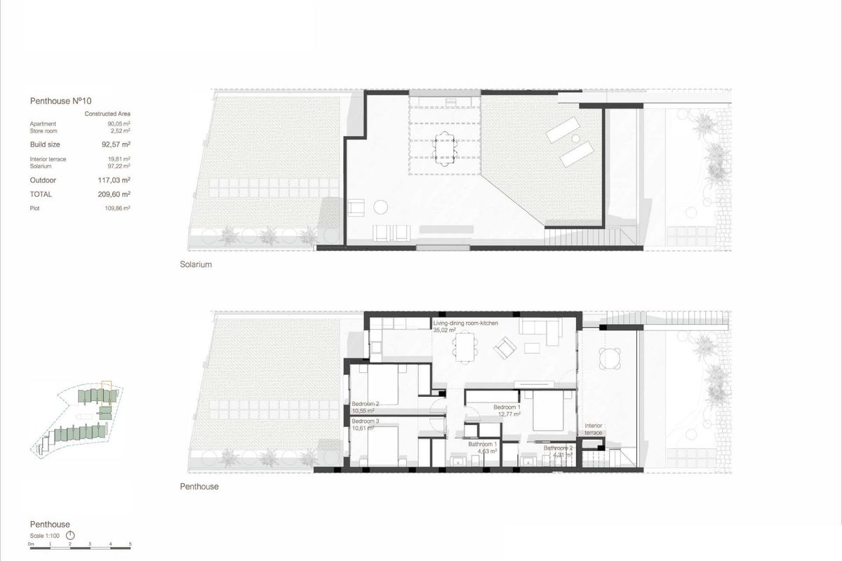 Plattegrond van een penthouse met drie slaapkamers en een ruime woonkamer, gelegen in San Javier, Costa Calida.